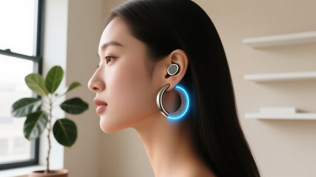 Side profile of a woman wearing a minimalist 16-gauge titanium smart hoop earring, highlighting the discreet micro-speaker mesh