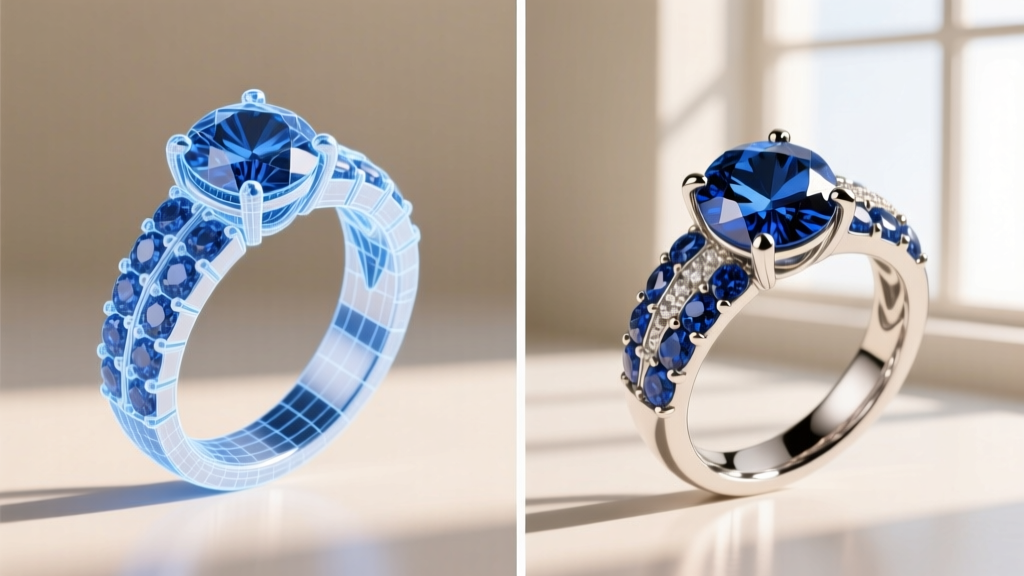 Split-screen comparison showing a 3D CAD wireframe rendering of a sapphire halo ring next to the finished cast and polished piece