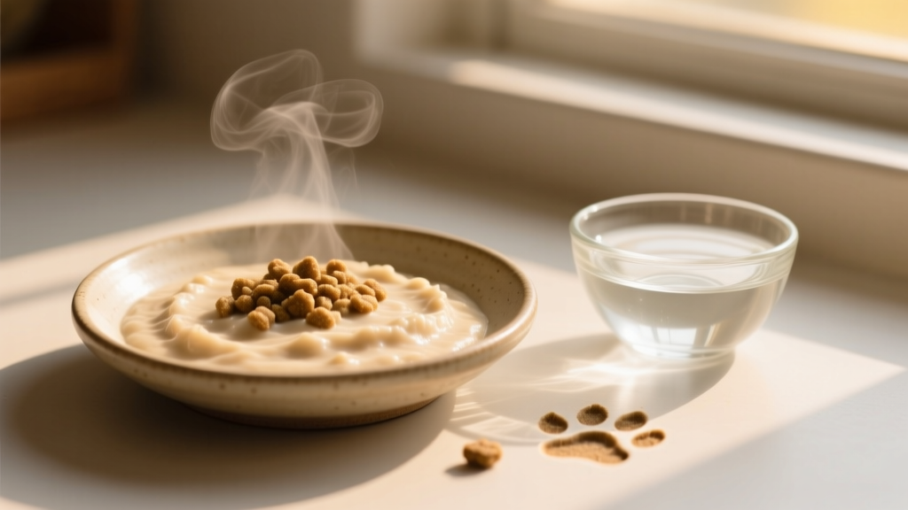 Shallow dish with soft kitten food gruel next to a small water bowl