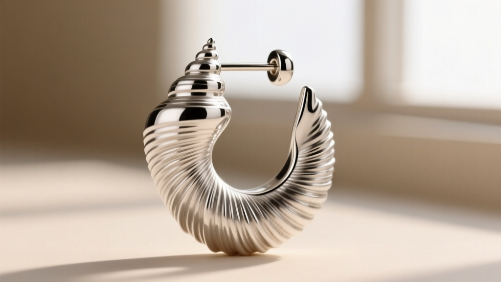 Macro photography of a lost-wax cast silver conch shell hoop earring showing intricate ridges and a polished 20-gauge post