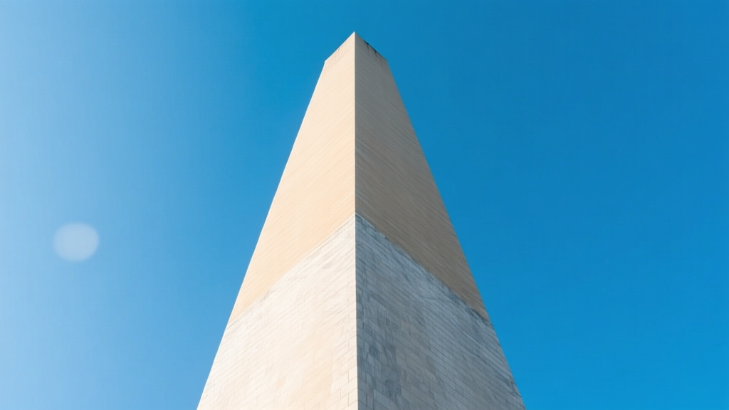 Low angle architectural view of the Washington Monument obelisk highlighting the distinct color shift in the marble masonry against a clear blue sky