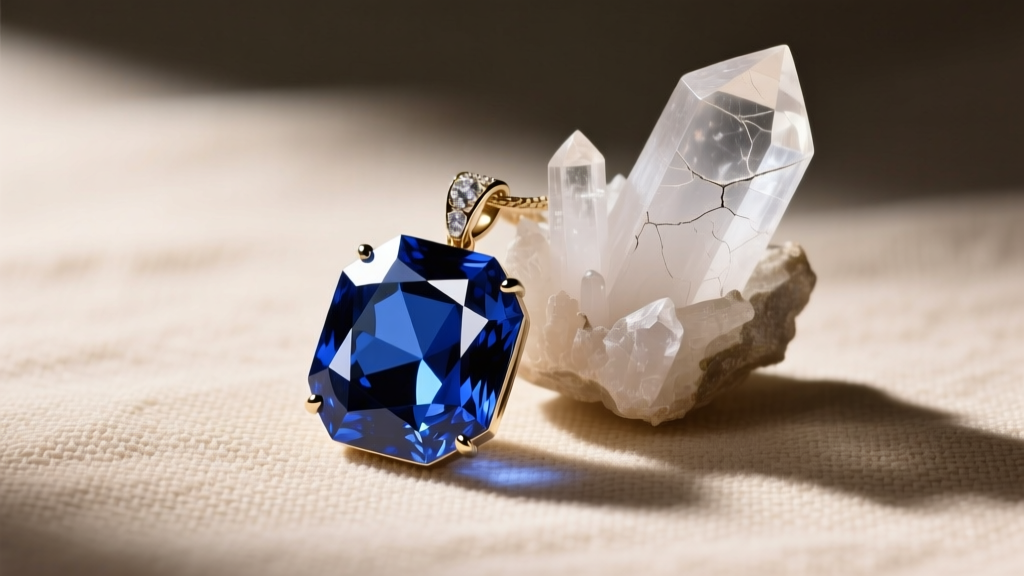 Unheated Ceylon deep blue sapphire hexagon pendant and raw crystal resting beside a GIA certificate on textured beige linen.
