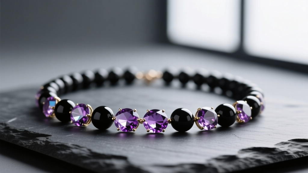 A necklace with beads of matte onyx and faceted amethyst resting on dark slate under soft lighting to highlight textures