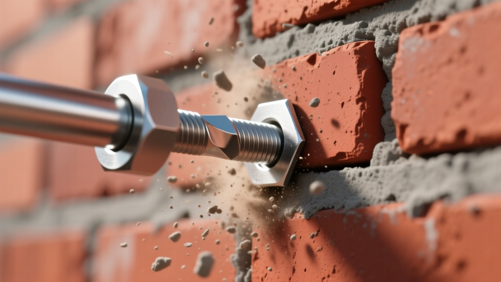 Close-up of a stainless steel wedge anchor driven into a red clay brick wall next to a gray mortar joint with concrete dust