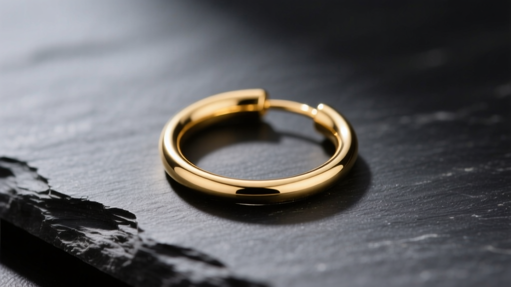 Macro shot of a delicate 14k solid gold 2 gram huggie hoop resting on dark slate, highlighting its thin 1mm wire profile
