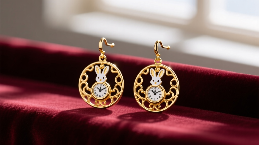 Close-up of 14k gold vermeil Alice and Wonderland earrings featuring a pocket watch and white rabbit, resting on velvet