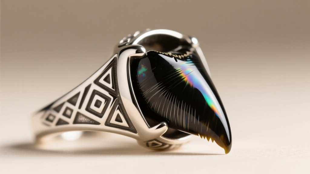 Macro shot of a sterling silver bezel securing a black megalodon tooth, highlighting the metalwork and glossy enamel details.