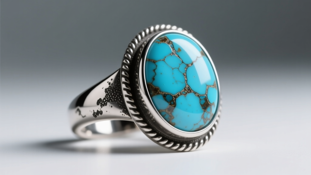 Close-up of a sterling silver turquoise ring showing the porous blue stone and oxidized silver details around the gemstone bezel.