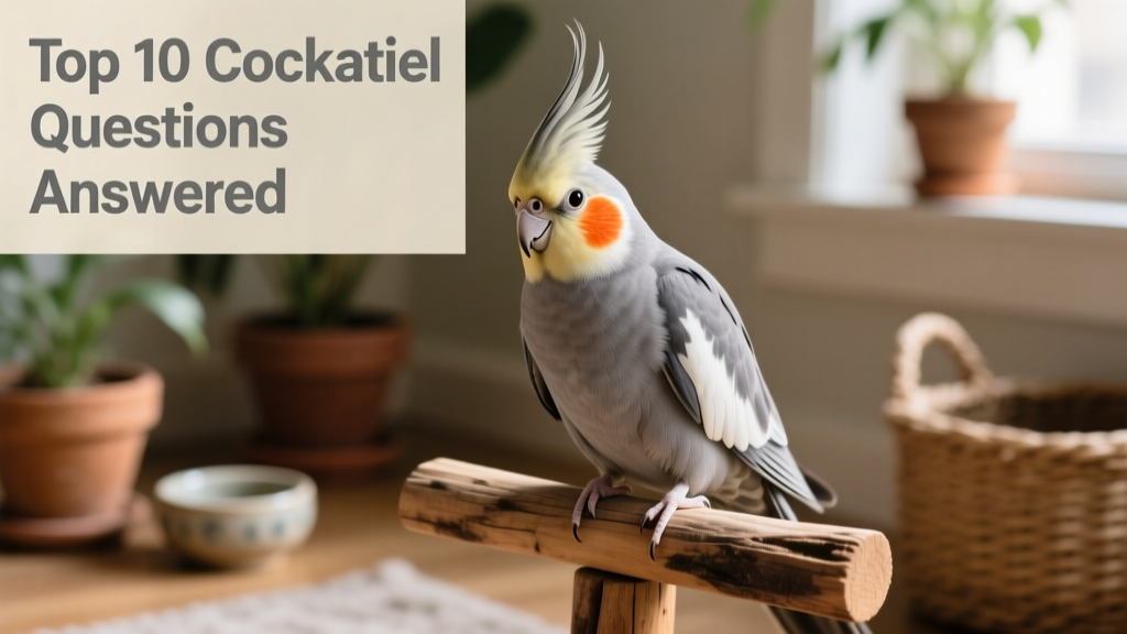 A gray cockatiel perched calmly on a natural wood perch, showing its distinctive crest and orange cheek patches