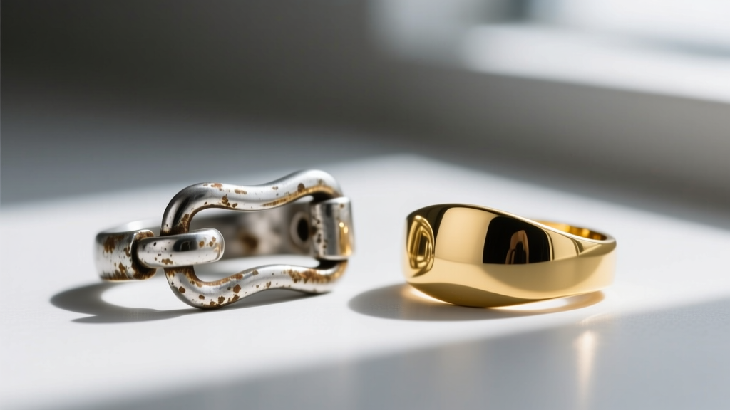 Macro view of a tarnished silver clasp beside a pristine 14k solid gold clasp under bright, focused jeweler's loupe lighting.