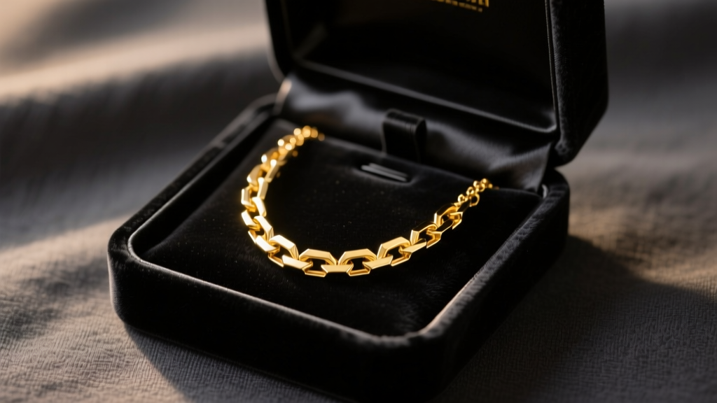 Open velvet box revealing a 14k yellow gold box chain necklace on dark fabric, soft warm lighting highlighting the geometric links