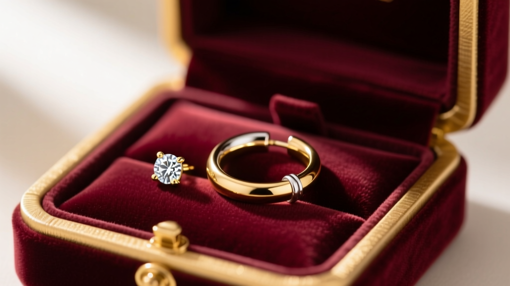 Open velvet box showing a 14k gold three-piece earring stack with diamond stud, small hoop, and cartilage cuff in soft light