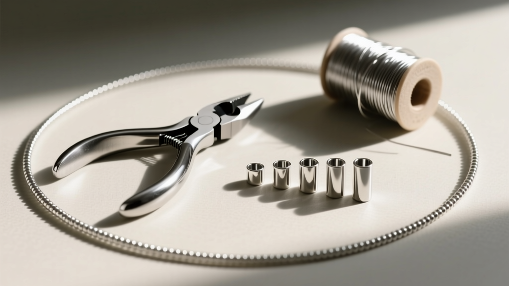 Flat lay of jewelry tools including micro-crimp pliers, silver crimp tubes, and a spool of stainless steel beading wire.