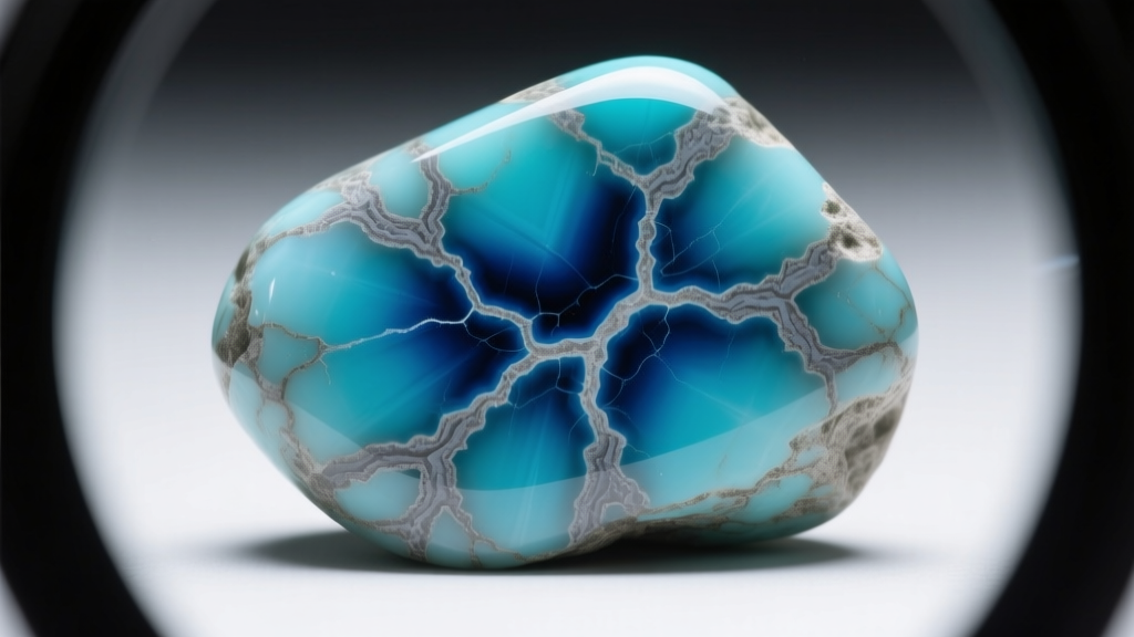 Close-up of dyed howlite fake turquoise, showing dark blue dye concentrated in natural gray veins under a jeweler macro loupe.