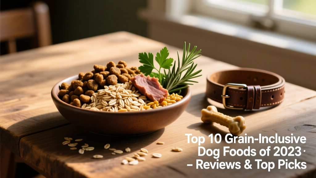 A bowl of kibble with visible whole grains like brown rice and oats alongside pieces of dried meat and herbs