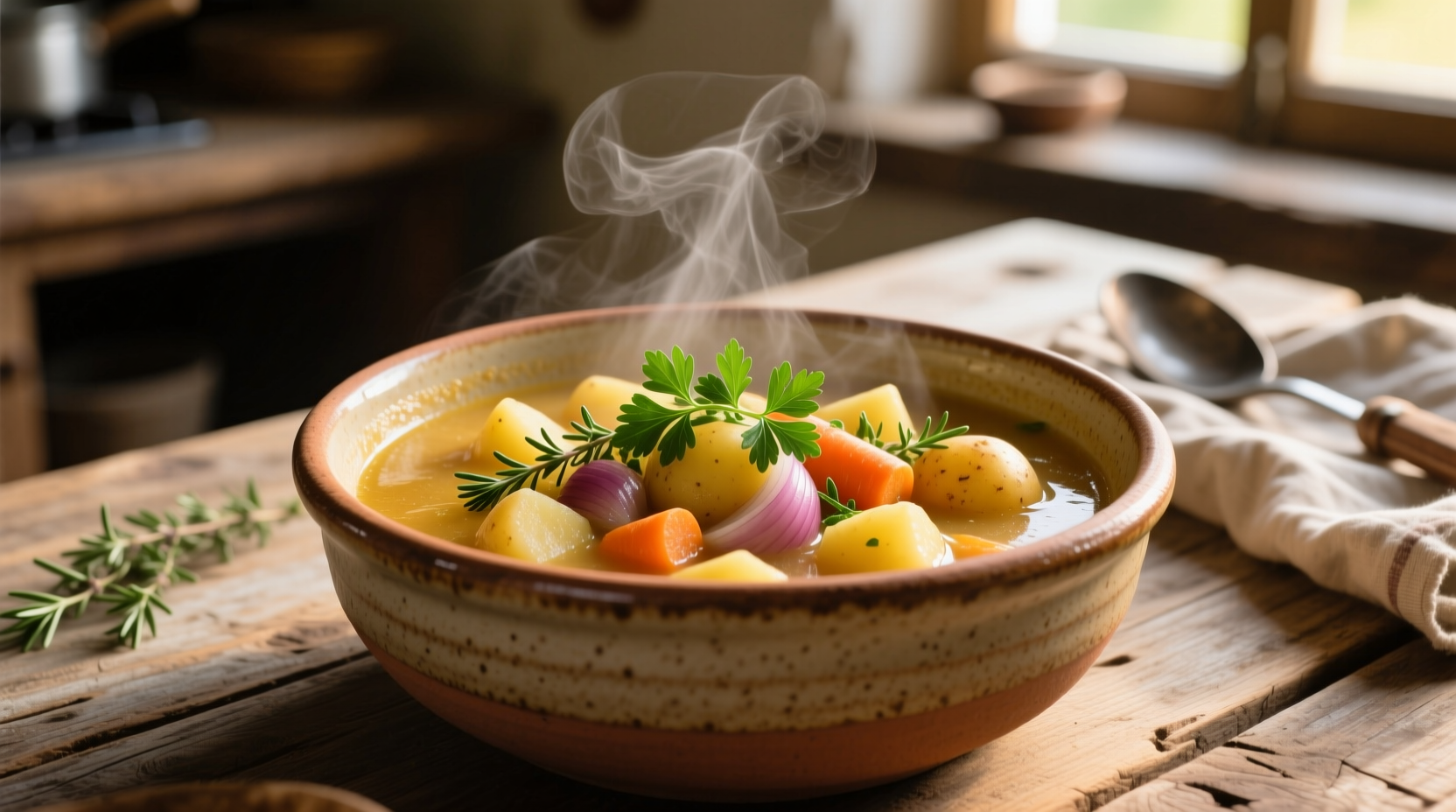 Hearty potato stew in ceramic bowl with fresh herbs