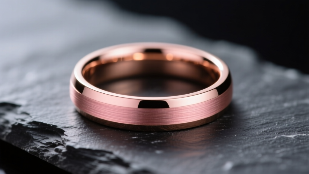 Macro shot of an 18k rose gold wedding band on dark slate, highlighting the warm pinkish-copper hue and polished finish.