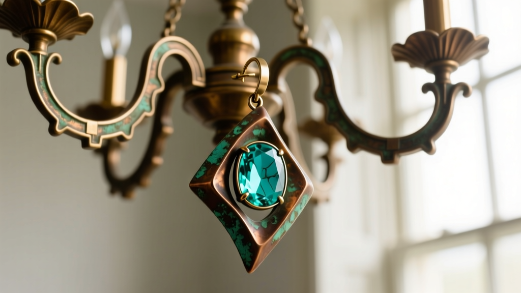 Side profile of a heavy Patricia Locke brass chandelier earring highlighting oxidized crevices and a natural turquoise cabochon.