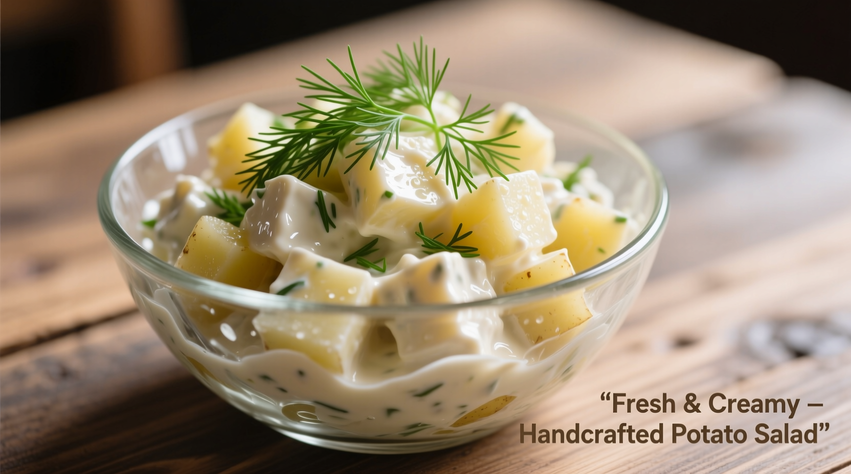 Creamy potato salad in glass bowl with fresh dill garnish