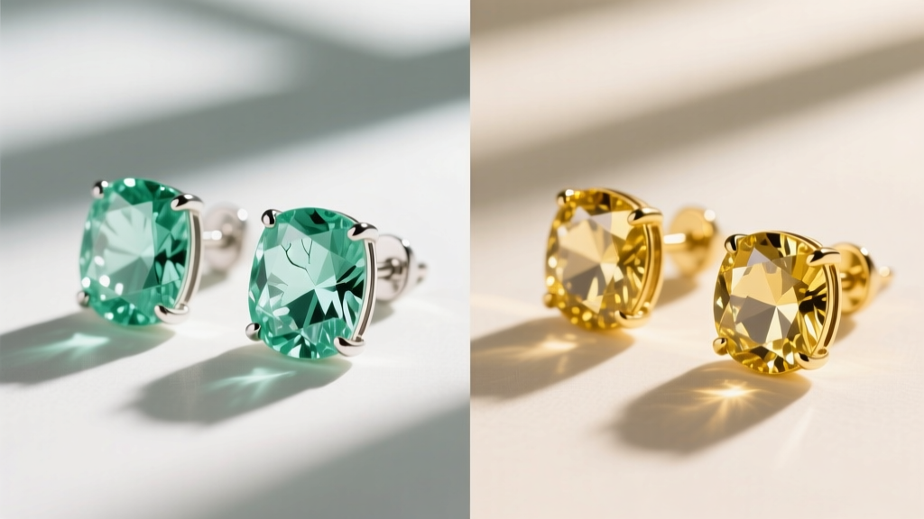Split-screen comparison showing mint green quartz stud earrings set in white gold versus yellow gold, emphasizing color contrast.