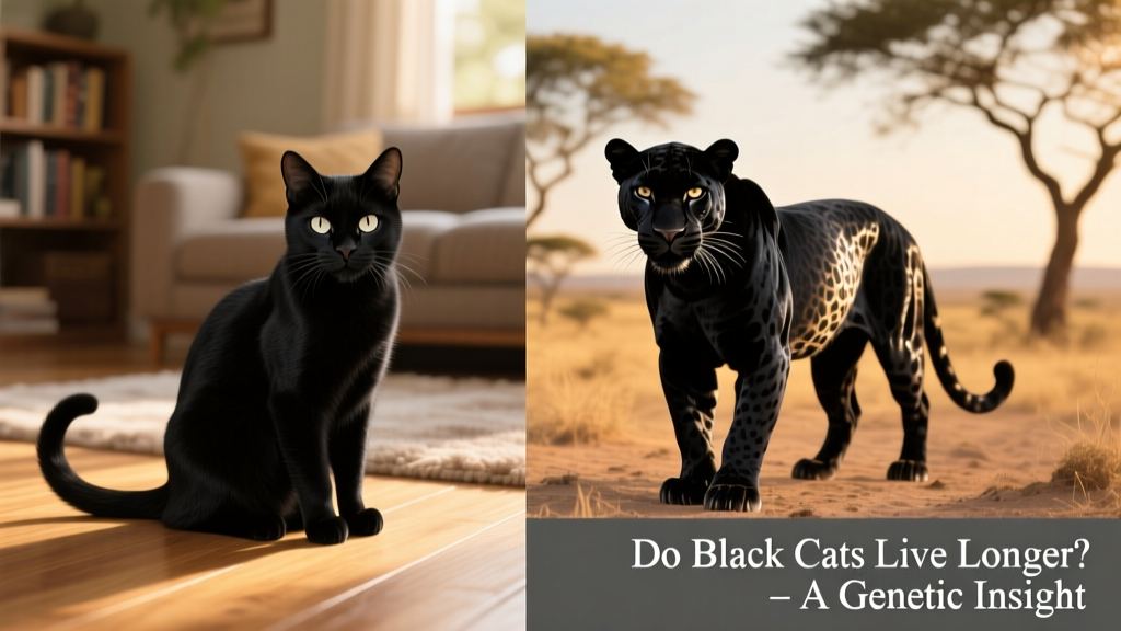 Side-by-side comparison of a black domestic cat and a black jaguar, highlighting shared coat traits