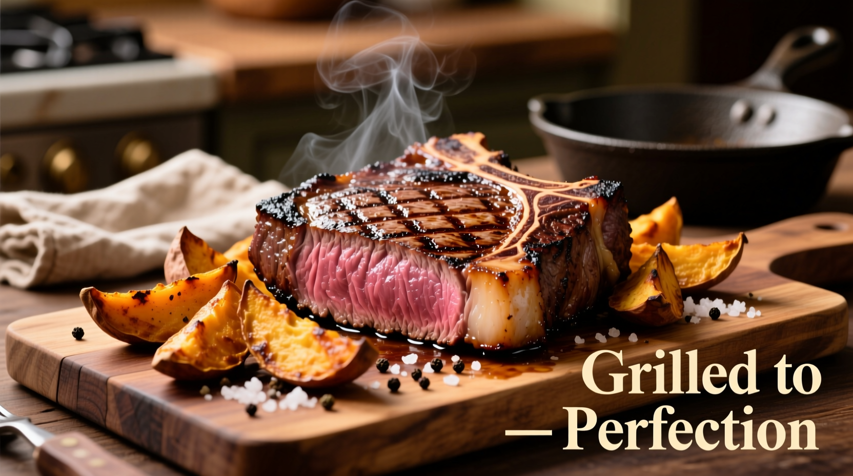 Perfectly grilled ribeye steak with roasted sweet potato wedges