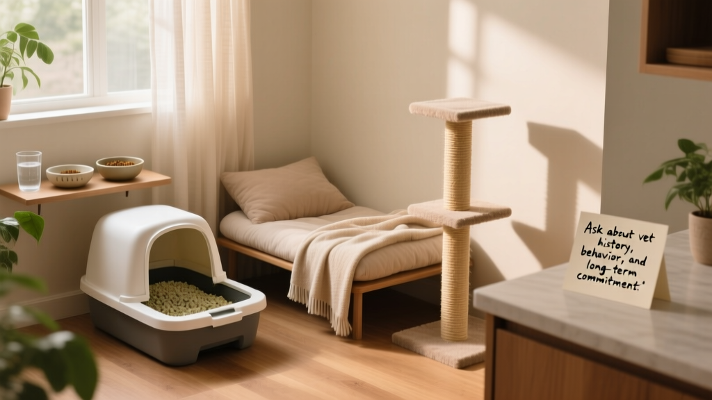 A well-organized foster setup: clean litter box, food station, cozy bed, and scratching post in a quiet room