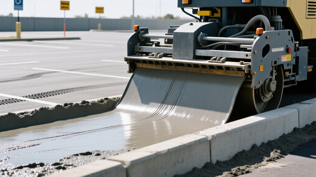 Close-up of a slipform paver extruding a smooth, zero-slump concrete barrier curb along a freshly paved commercial parking lot edge