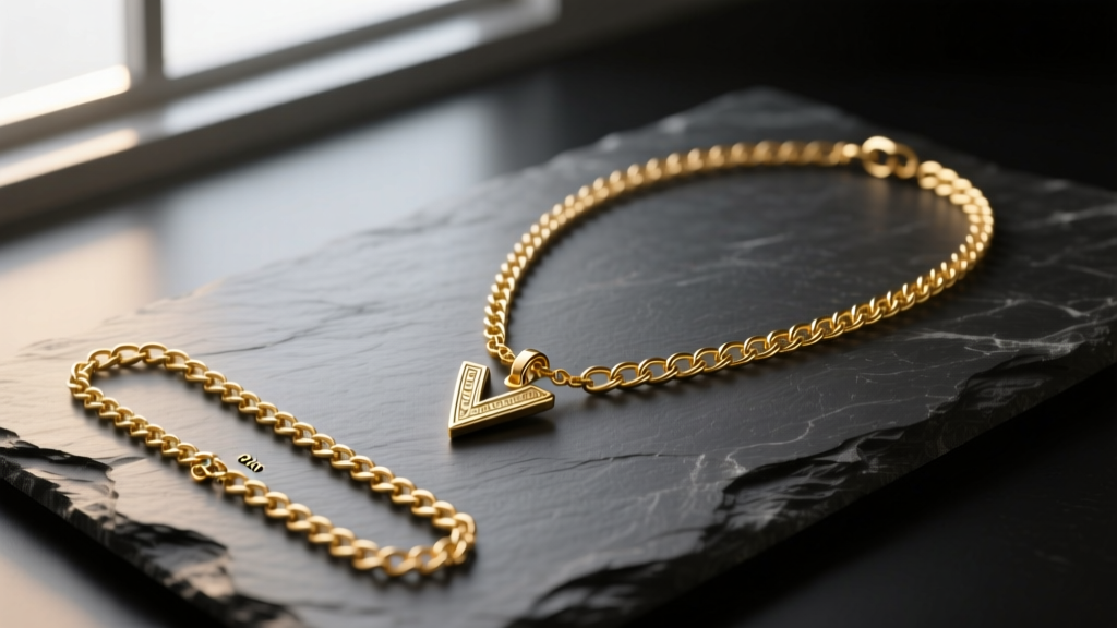 Flat lay of three gold chains of varying lengths featuring a minimalist v pendant on an 18-inch box chain resting on dark slate