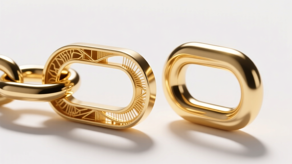 Cross-section of a hollow electroformed gold chain link beside a solid link, showing the thin outer shell and empty interior space.