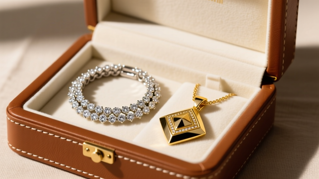 Open leather jewelry box with a velvet compartment holding a layered diamond tennis chain and a heavy gold statement pendant.