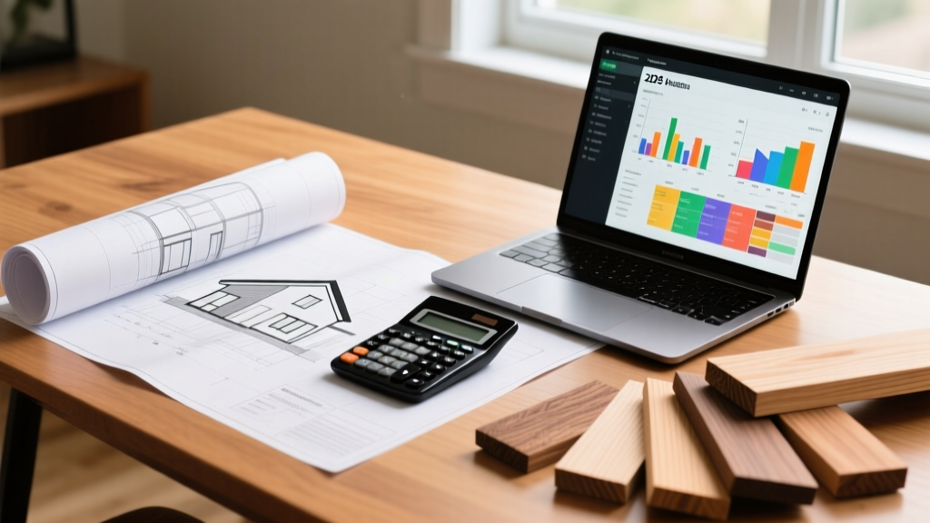 Architectural blueprints spread on a wooden table next to a calculator, lumber samples, and a laptop displaying a 2026 home construction budget spreadsheet