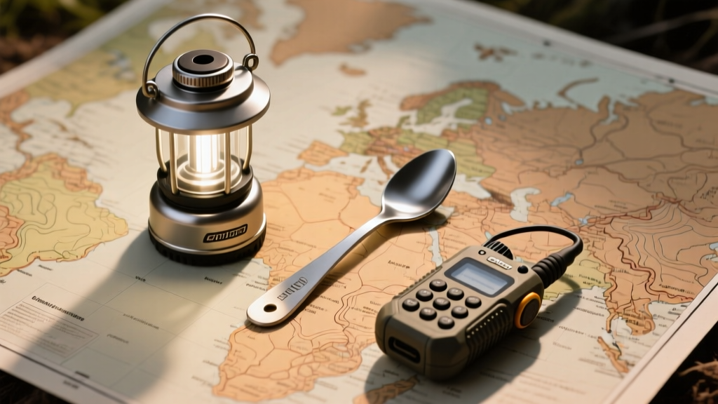 Flat lay of ultralight camping gadgets including a collapsed lantern, titanium spork, and satellite communicator arranged on a topographic map