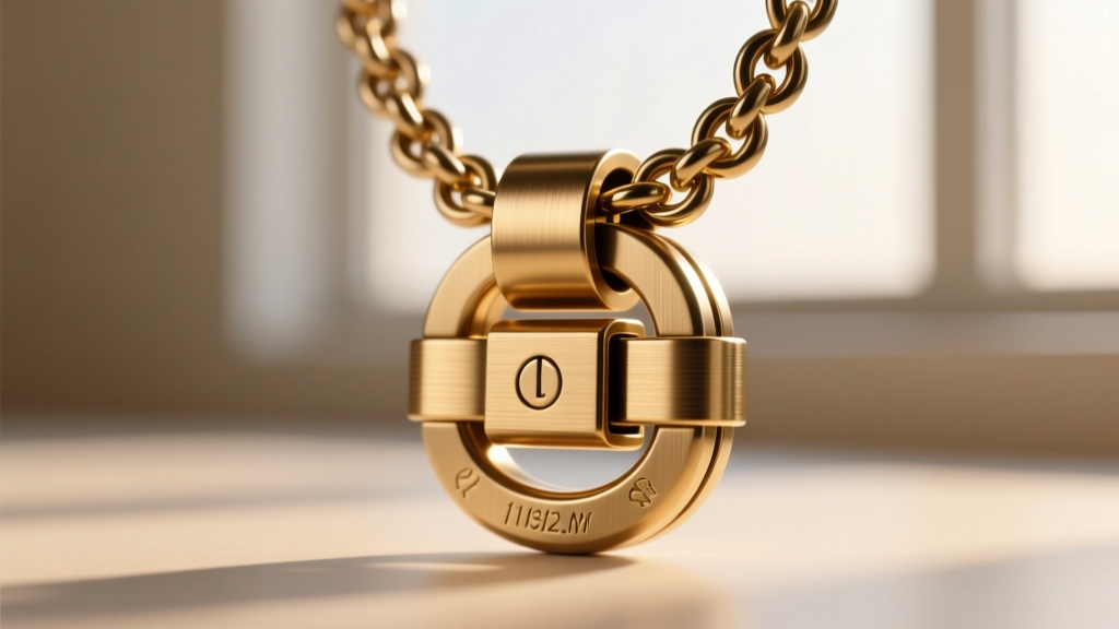 Macro shot of a heavy-duty magnetic necklace clasp with brushed brass finish, showing the interlocking mechanism and safety catch.