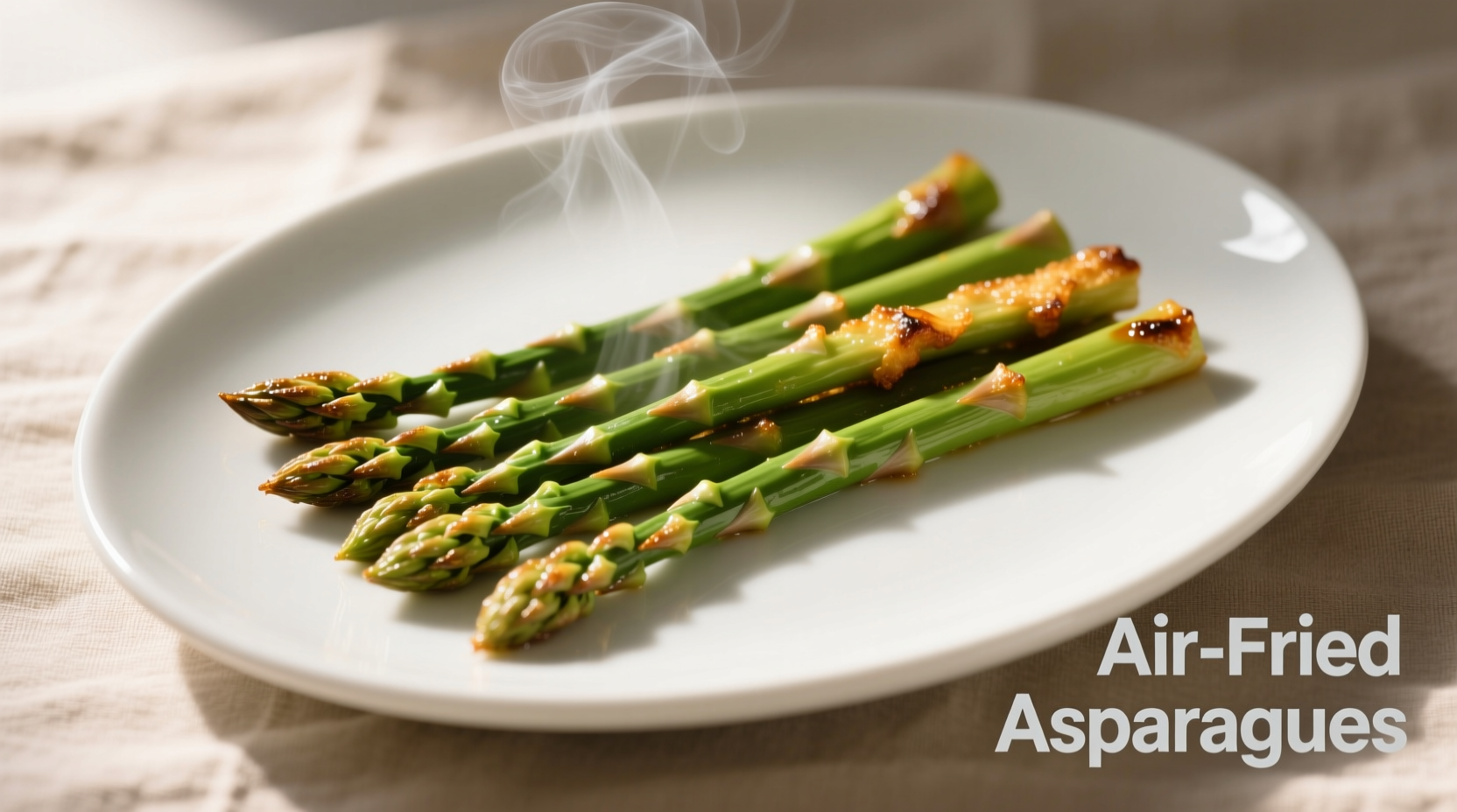 Crisp air fried asparagus on white plate