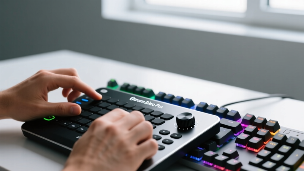 Close-up of hands programming an Elgato Stream Deck Plus macro pad with tactile dials next to a mechanical keyboard
