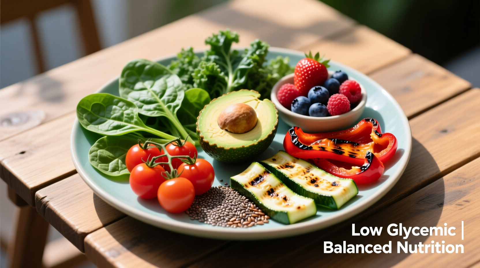 Colorful plate of blood sugar friendly foods