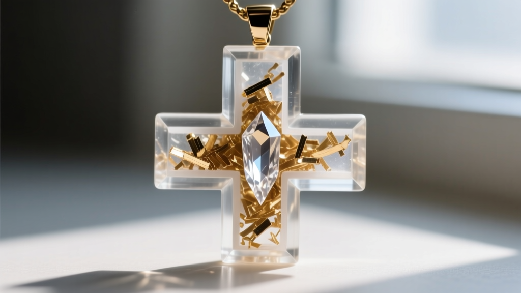 Macro photo of an orgonite pendant cross-section showing brass shavings, clear resin, and a small embedded quartz crystal point