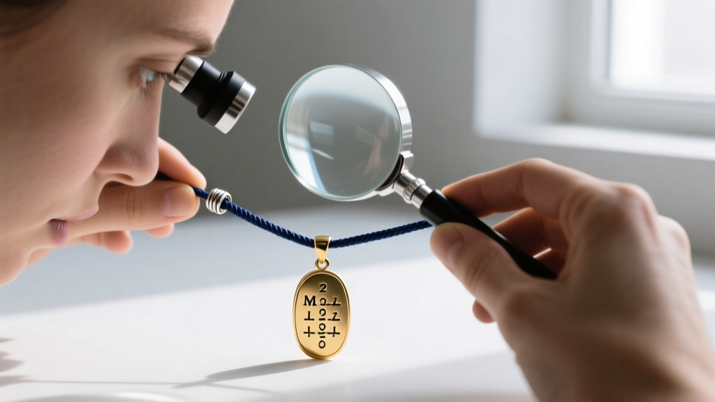 Jeweler using a loupe to inspect the tiny metal crimp bead and nylon cord connection on a handmade morse code pendant necklace