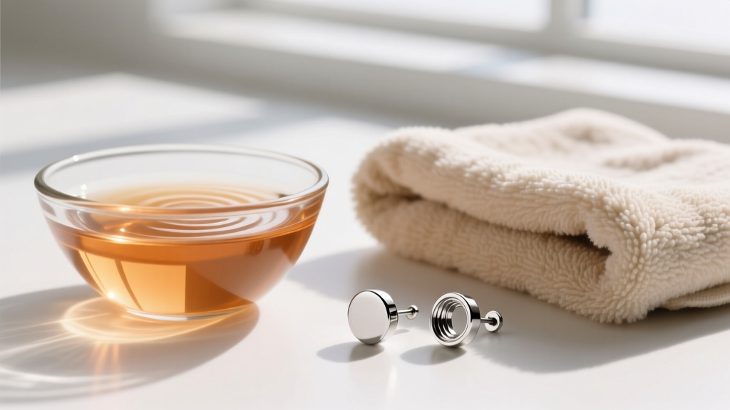 Warm saline in a glass bowl next to a microfiber towel and a disassembled 18-gauge internally threaded titanium flat back earring.