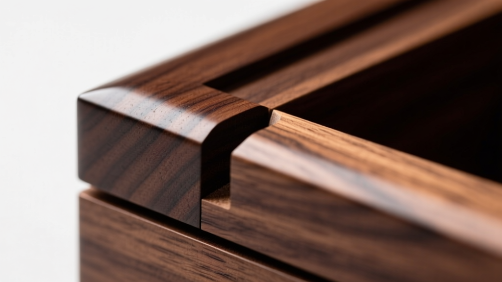 Macro shot of hand-cut dovetail joints on a solid walnut jewelry box corner, highlighting the tight wood grain and rich dark color.