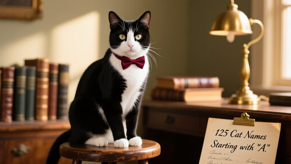 A tuxedo cat sitting upright on a wooden stool, wearing a tiny bowtie, looking attentively at the camera