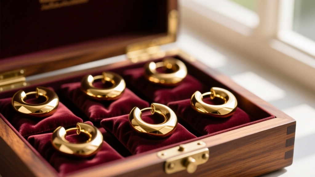 Chunky gold vermeil donut hoops stored separately in individual anti-tarnish velvet pouches inside an open wooden jewelry box.