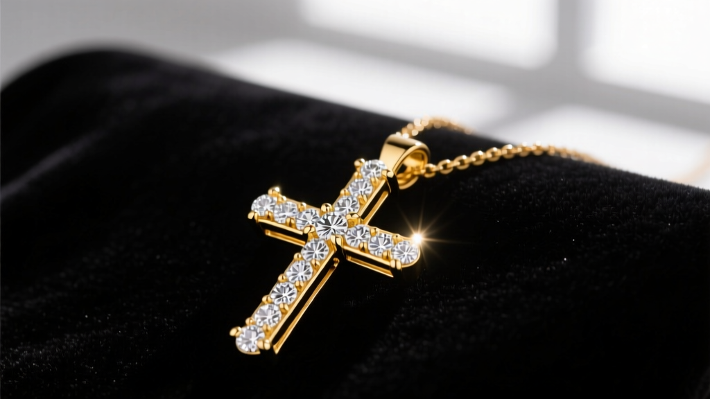 Close-up of a 14k yellow gold cross bling necklace paved with VVS moissanite stones, resting on dark velvet, studio lighting