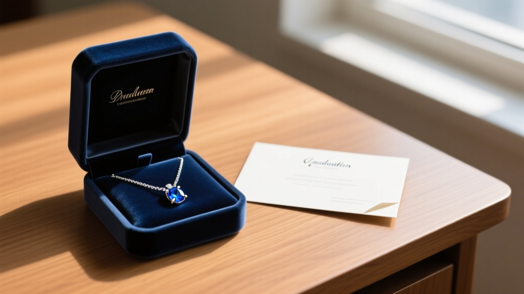 Open velvet box showing a platinum dainty necklace with a sapphire pendant, resting next to a graduation card on a wooden desk.