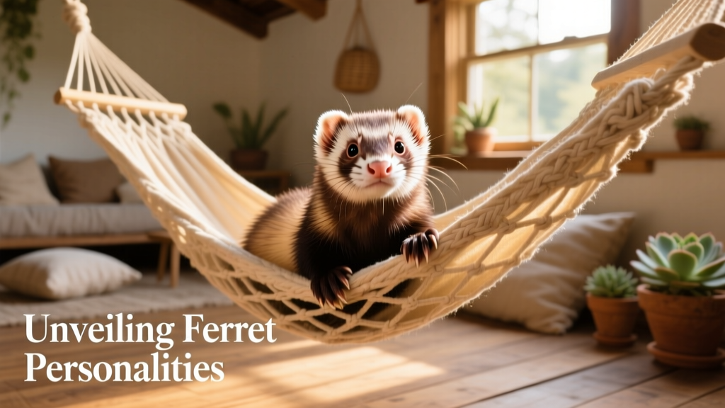 A curious ferret peering over the edge of a cozy hammock, eyes bright and alert