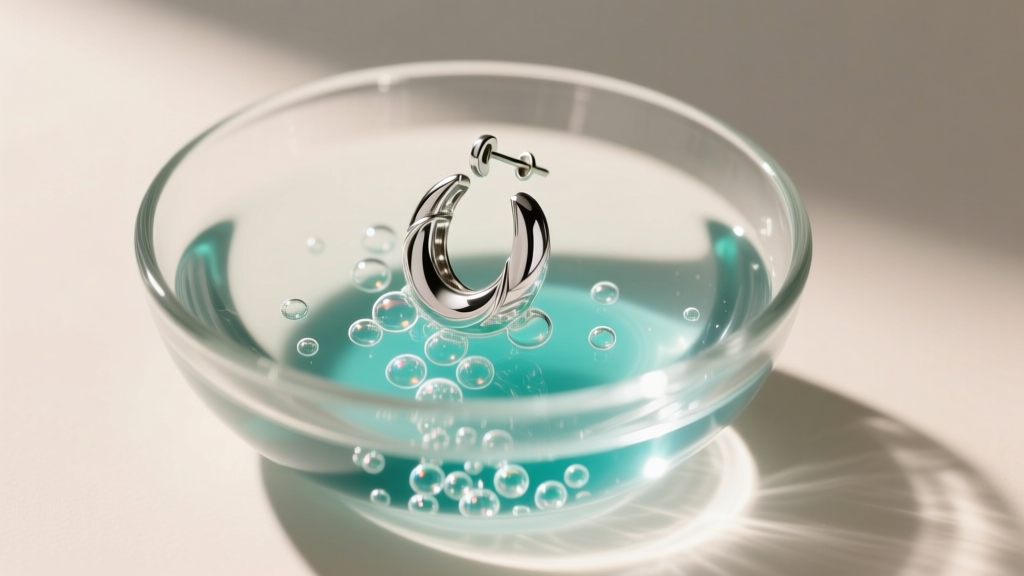 Top view of a glass bowl holding a silver earring in a bubbling baking soda and aluminum foil electrochemical cleaning solution.