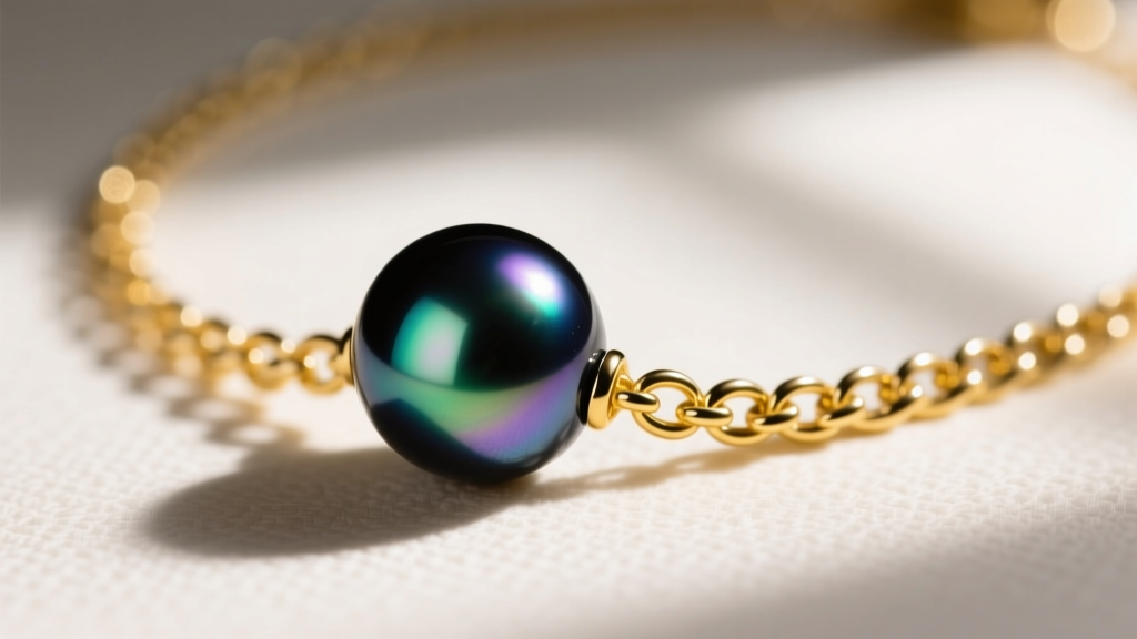 Macro shot of a black and gold pearl necklace with a 10mm Tahitian pearl showing peacock overtones on an 18k yellow gold chain