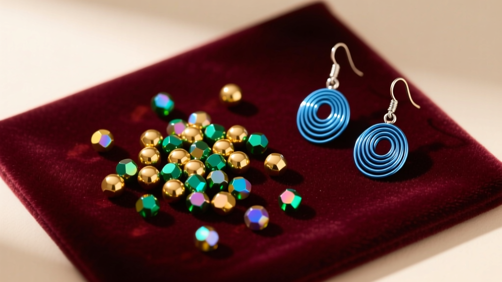 Top-down view of a velvet mat with iridescent 11/0 Miyuki seed beads beside two finished niobium wire-wrapped dangle earrings