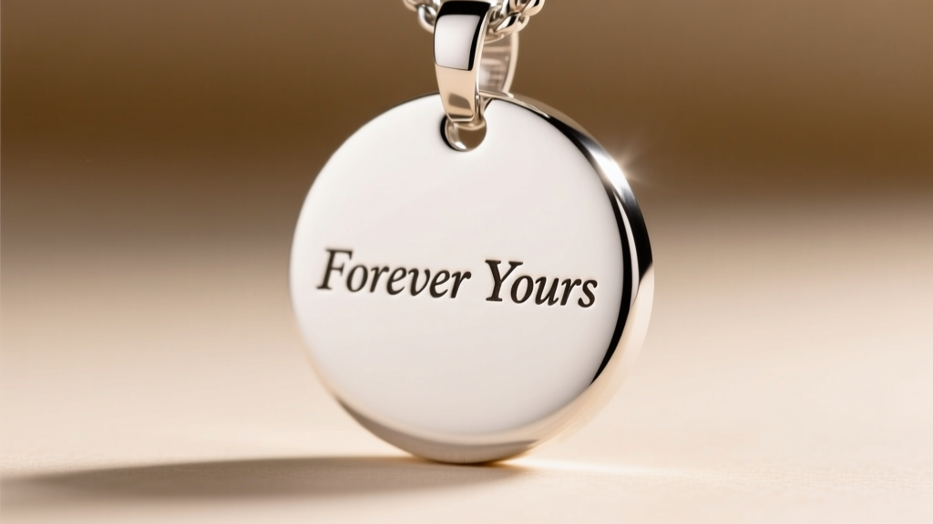 Macro shot of a sterling silver travel pendant back featuring a custom laser-engraved message in a delicate, clean serif font.